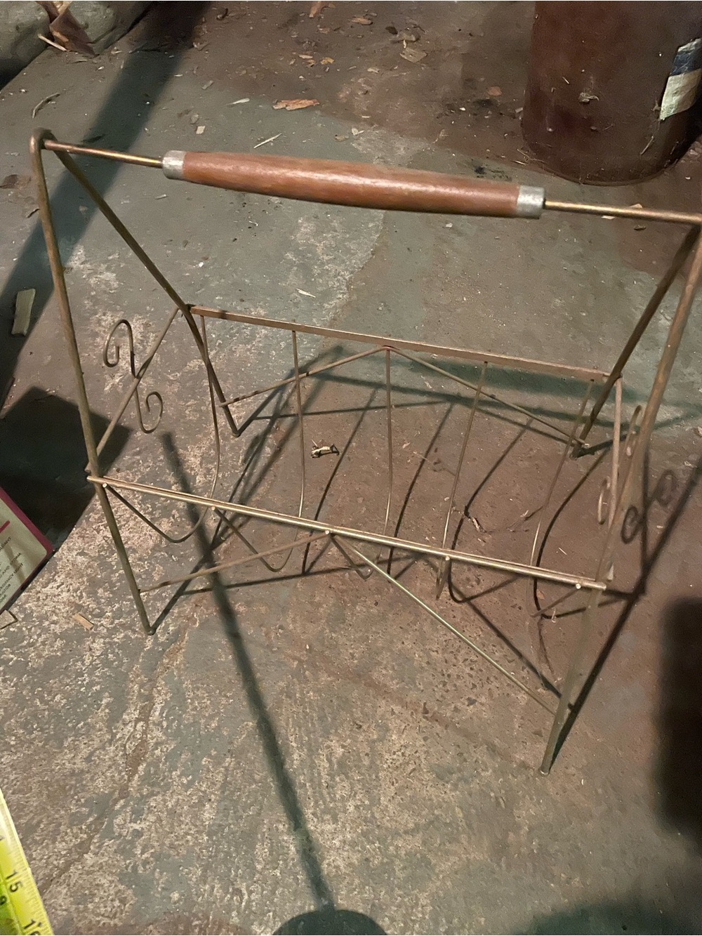 Mid-Century Brass Metal Magazine Rack with Wooden Handle